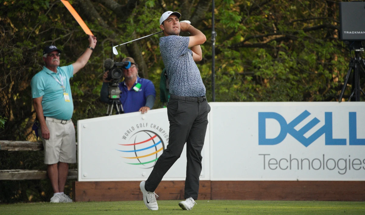 Scottie Scheffler tees off at the 18th hole during the first round of the World Golf Championships-Dell Technologies Match Play golf tournament Wednesday. (USA TODAY Sports)
