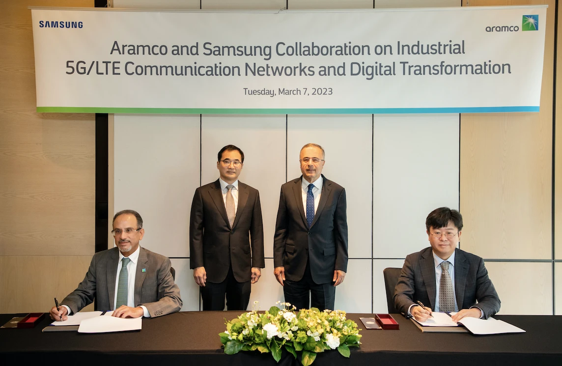 From left: Aramco Senior Vice President of Digital & Information Technology Nabil Nuaim, Samsung Electronics President & Head of Networks Business Woojune Kim, Aramco President & CEO Amin H. Nasser, and Samsung Electronics Executive Vice President & Head of R&D June Moon (Supplied)