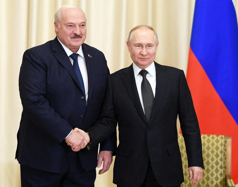 Russian President Vladimir Putin shakes hands with Belarusian President Alexander Lukashenko during a meeting at the Novo-Ogaryovo state residence outside Moscow, Russia Feb. 17, 2023. (Reuters)