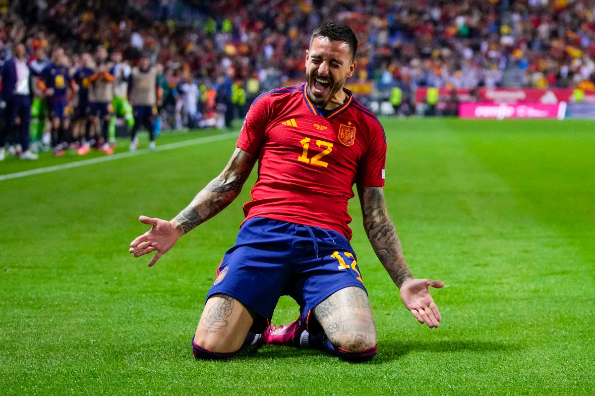 Spain's Joselu celebrates scoring his side's third goal during the Euro 2024 group A qualifying soccer match between Spain and Norway at La Rosaleda stadium in Malaga, Spain, on March 25, 2023. (AP)