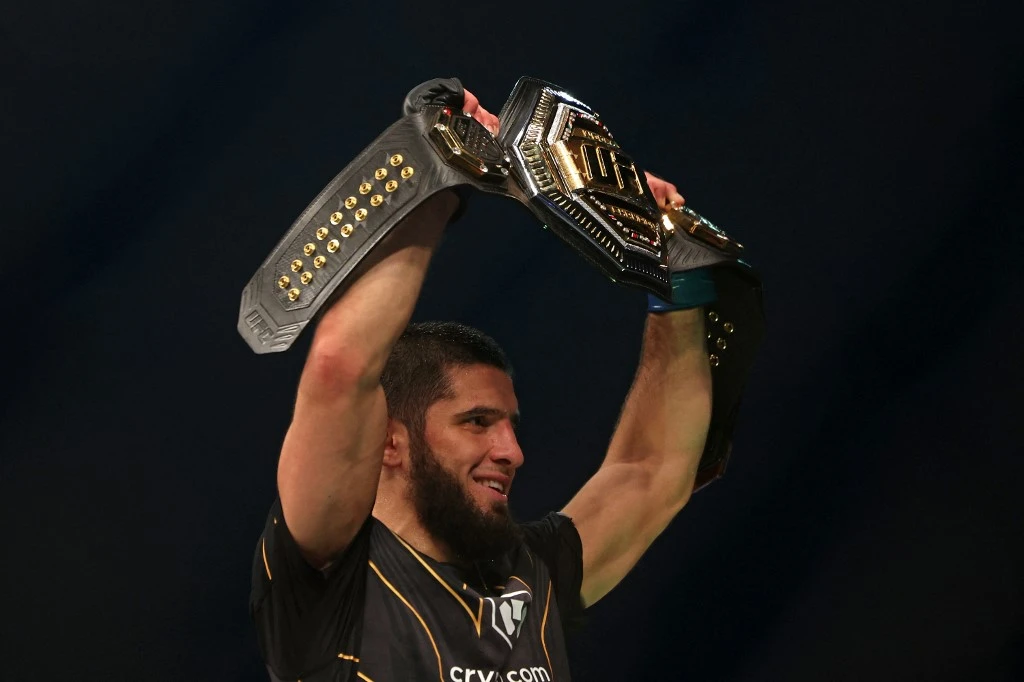 Islam Makhachev reacts after defeating Charles Oliveira in the lightweight championship at the Ultimate Fighting Championship (UFC) event at the Etihad Arena in Abu Dhabi. (File/AFP)