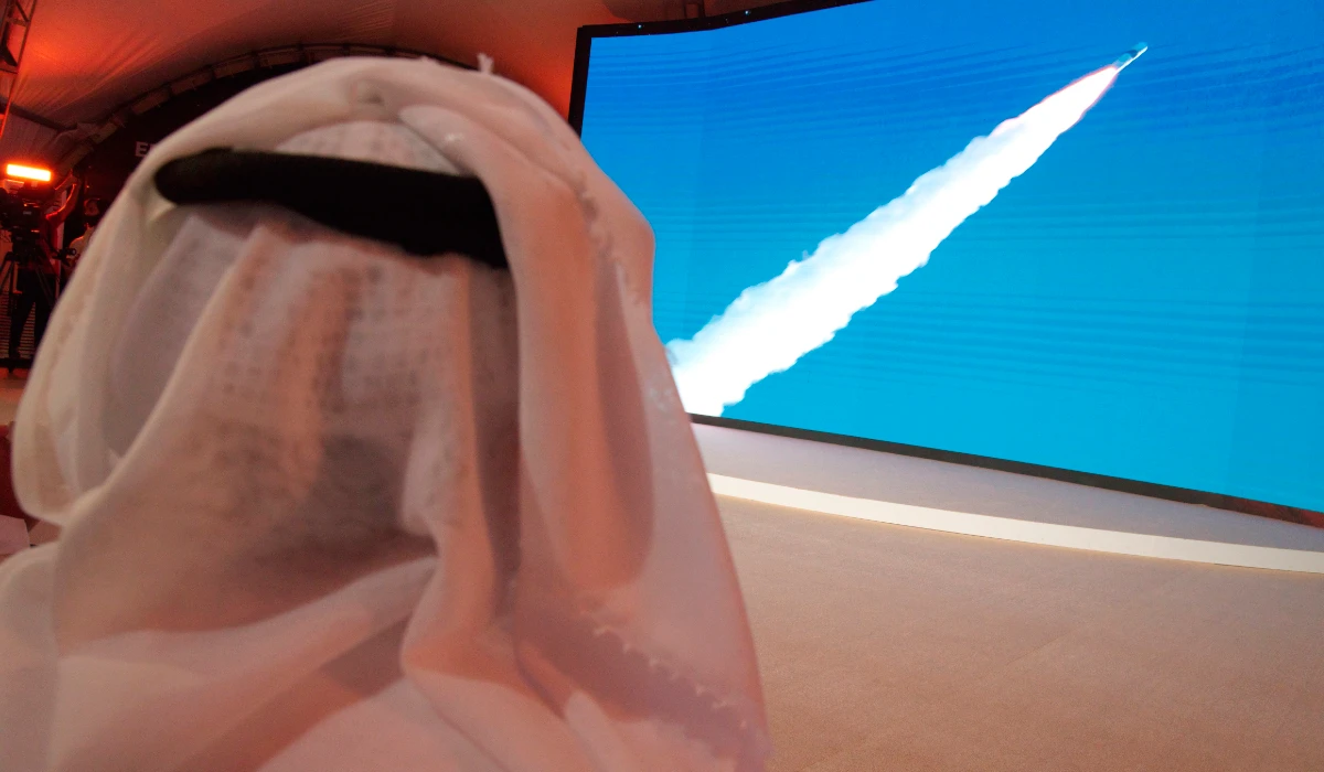 An Emirati man watches the launch of the "Amal" or "Hope" space probe at the Mohammed bin Rashid Space Center in Dubai, United Arab Emirates, Monday, July 20, 2020. (AP)