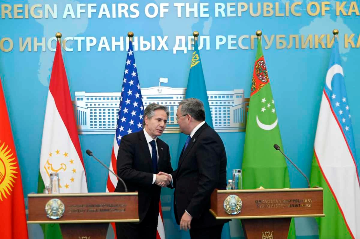 US Secretary of State Antony Blinken meeting with Kazakhstan's FM Mukhtar Tleuberdi in Astana on Feb. 28, 2023. (AFP)
