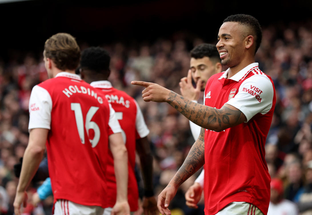 Arsenal’s Gabriel Jesus celebrates scoring their third goal with Rob Holding and Gabriel Martinelli during their Premier League match against Leeds United at Emirates Stadium, on Apr. 1, 2023 (Reuters)
