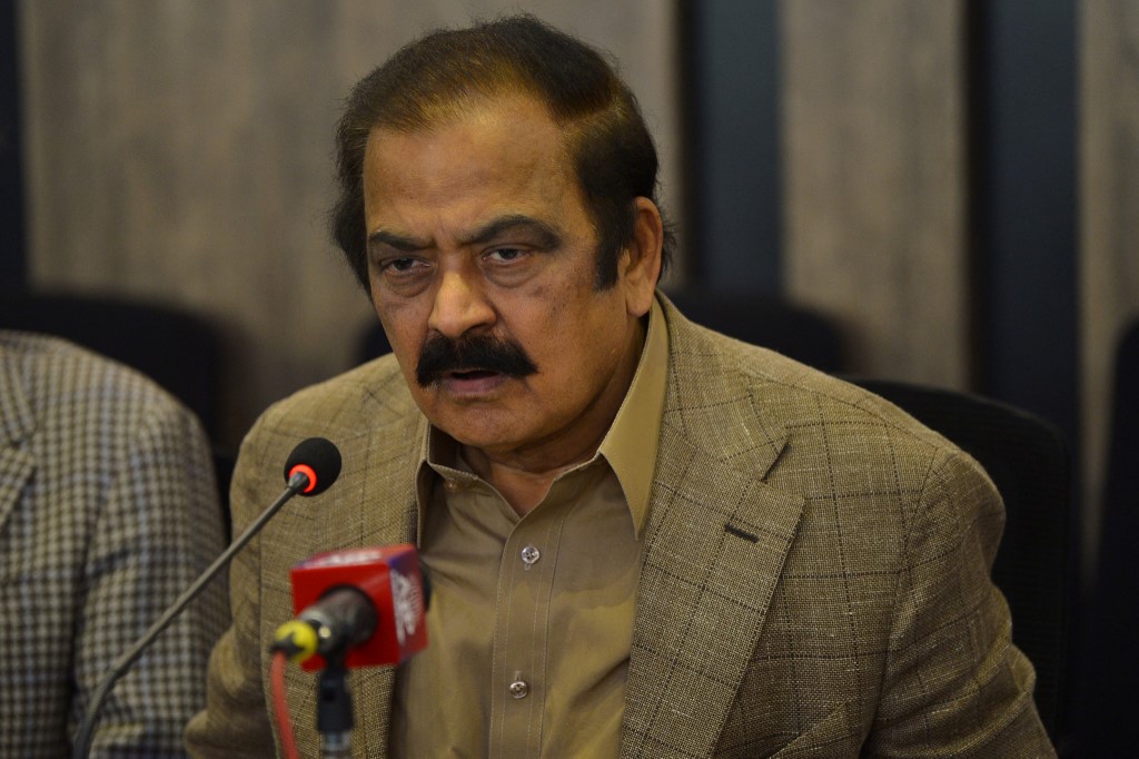 Pakistan Interior Minister Rana Sanaullah speaks during a press conference in Islamabad. (File/AFP)