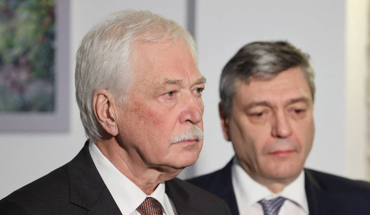 Russian Ambassador to Belarus Boris Gryzlov (L), and Russian deputy Foreign Minister Andrei Rudenko speak to the media following the Russian-Ukrainian talks in Belarus' Brest region on March 7, 2022. (AFP)
