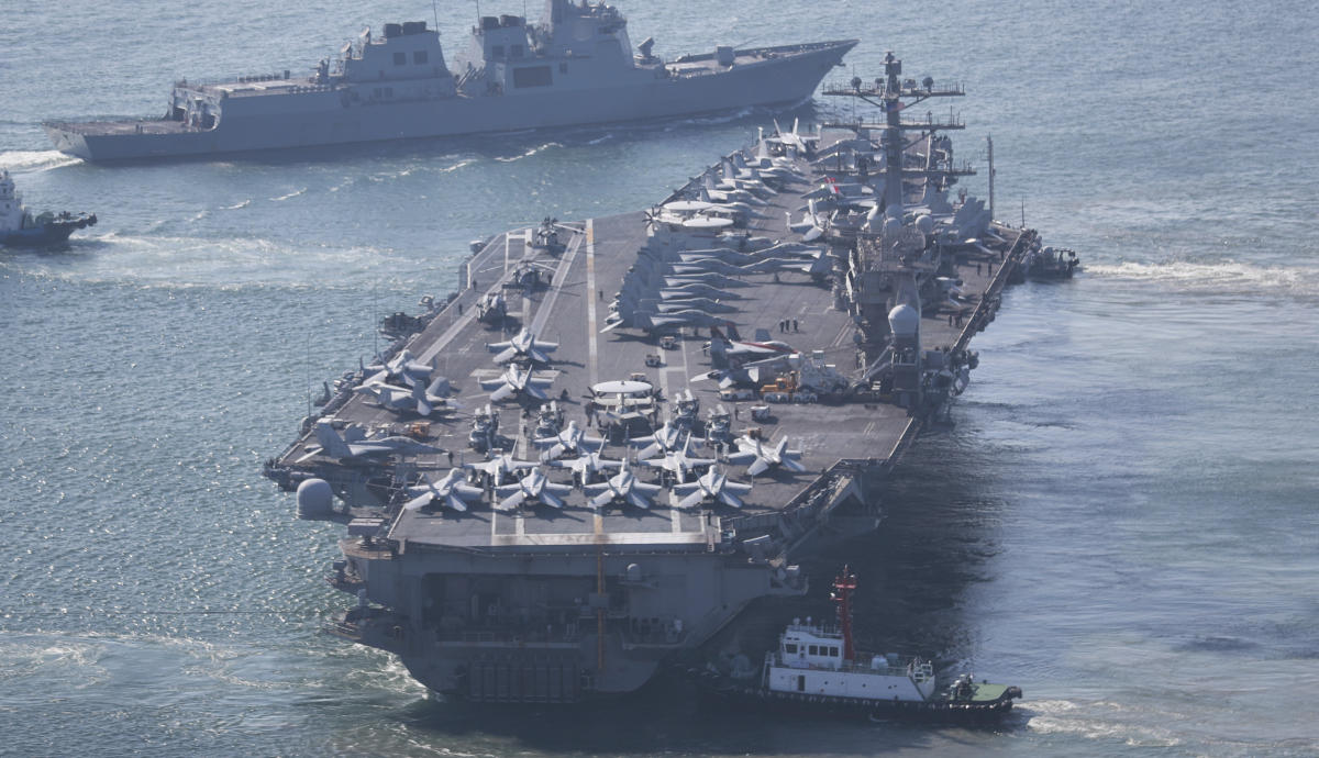 Above, the US Navy’s nuclear-powered aircraft carrier USS Nimitz, which is participating in joint maritime exercises, departs a naval base in Busan, South Korea on April 2, 2023. (Yonhap via AP)