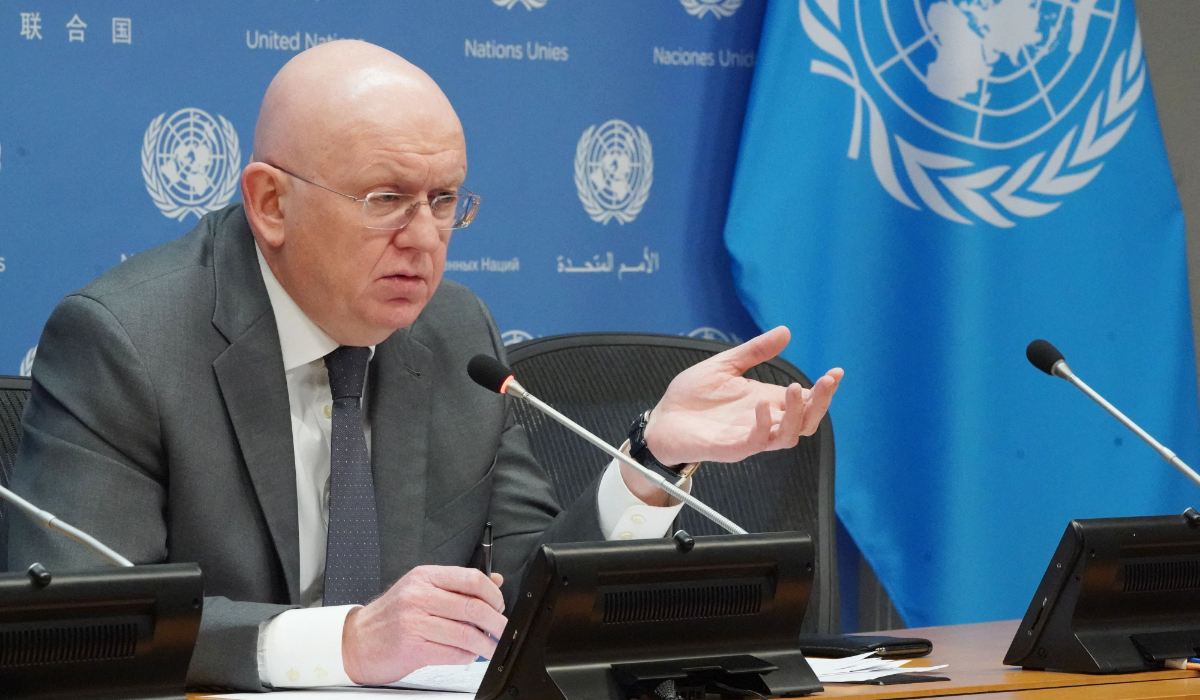 Russian Ambassador to the United Nations Vassily Nebenzia, president of the Security Council for the month of April, speaks at a press conference on April 3, 2023 at the United Nations in New York. (AFP)