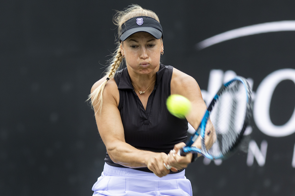Yulia Putintseva, of Kazakhstan, returns a shot against Elina Svitolina, of Ukraine, during action at the Charleston Open tennis tournament in Charleston, S.C., Monday. (AP)