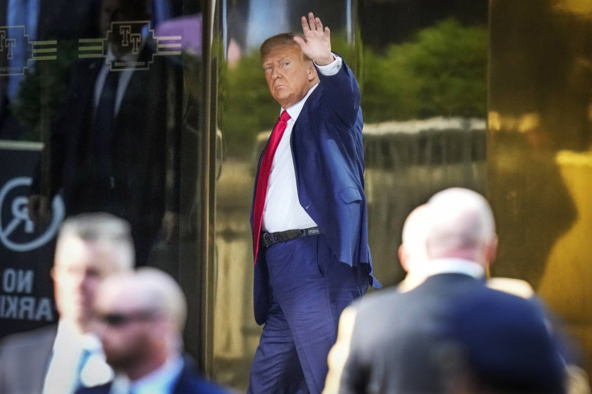 Former President Donald Trump arrives at Trump Tower in New York, Monday, April 3, 2023. (AP)