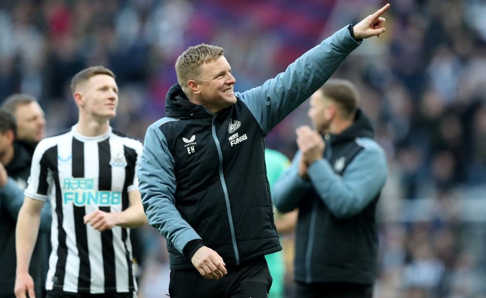 Newcastle United manager Eddie Howe celebrates the win over Manchester United, St. James’ Park, Newcastle, Britain, April 2, 2023. (Reuters)