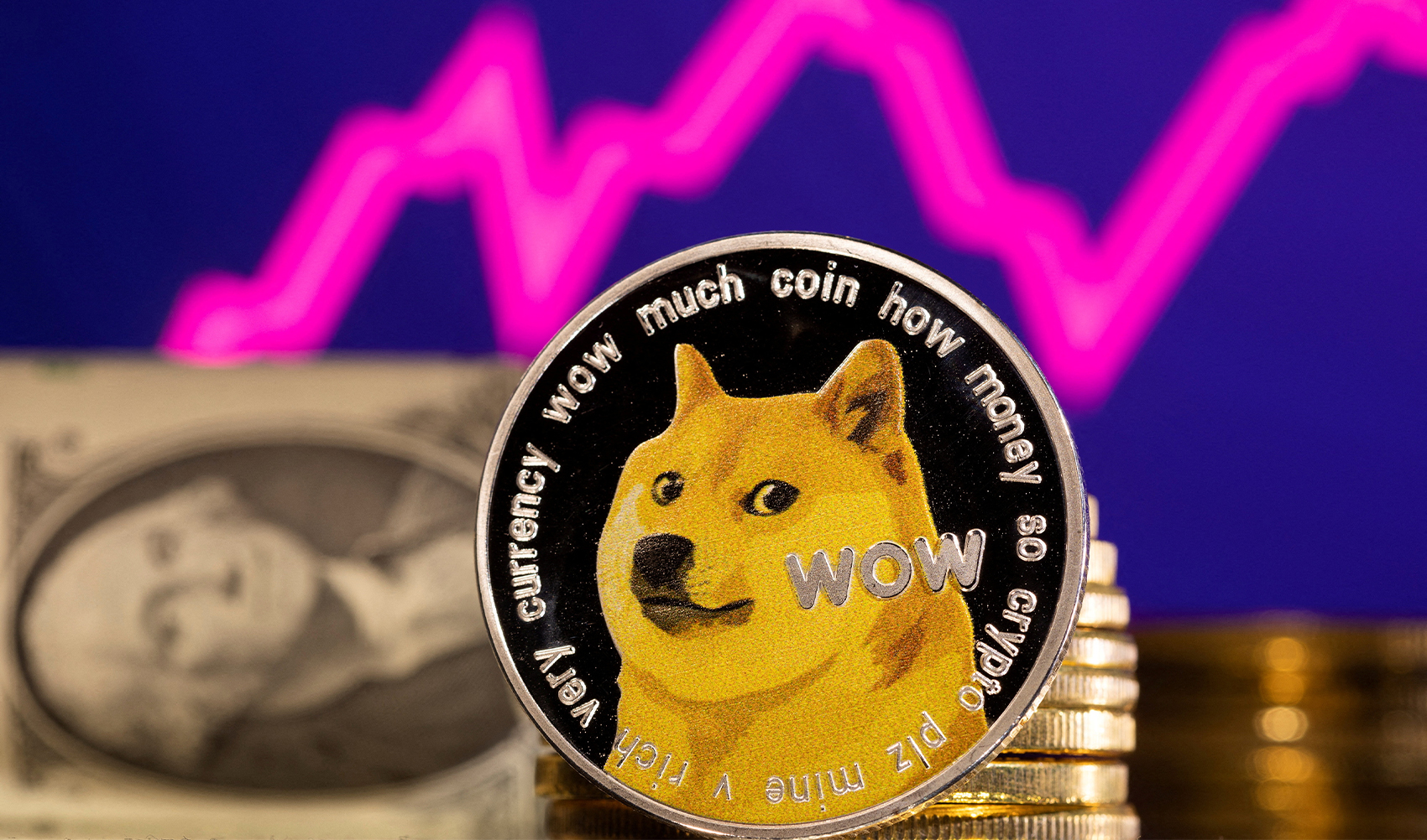 A representation of cryptocurrency dogecoin is seen in front of a stock graph and U.S. dollar in this illustration taken, January 24, 2022. (REUTERS)