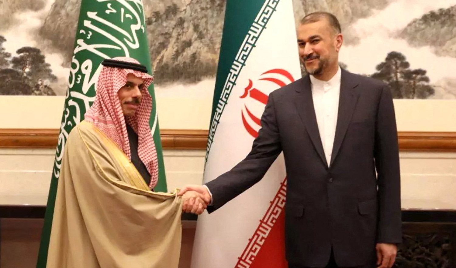 Iranian Foreign Minister Hossein Amir-Abdollahian meets with Saudi Arabia's Foreign Minister Prince Faisal bin Farhan Al Saud in Beijing, China, on April 6, 2023. (WANA via Reuters)