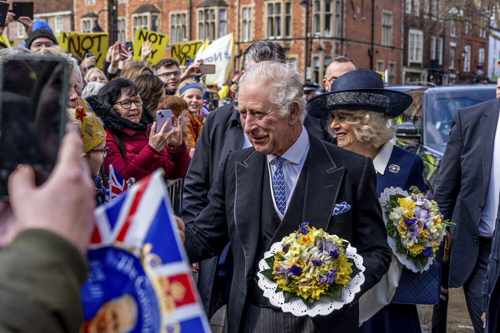 Britain’s King Charles III and Camilla, the Queen Consort meet members of the public during the Royal Maundy Service at York Minster, York, on Apr. 6, 2023. (AP)