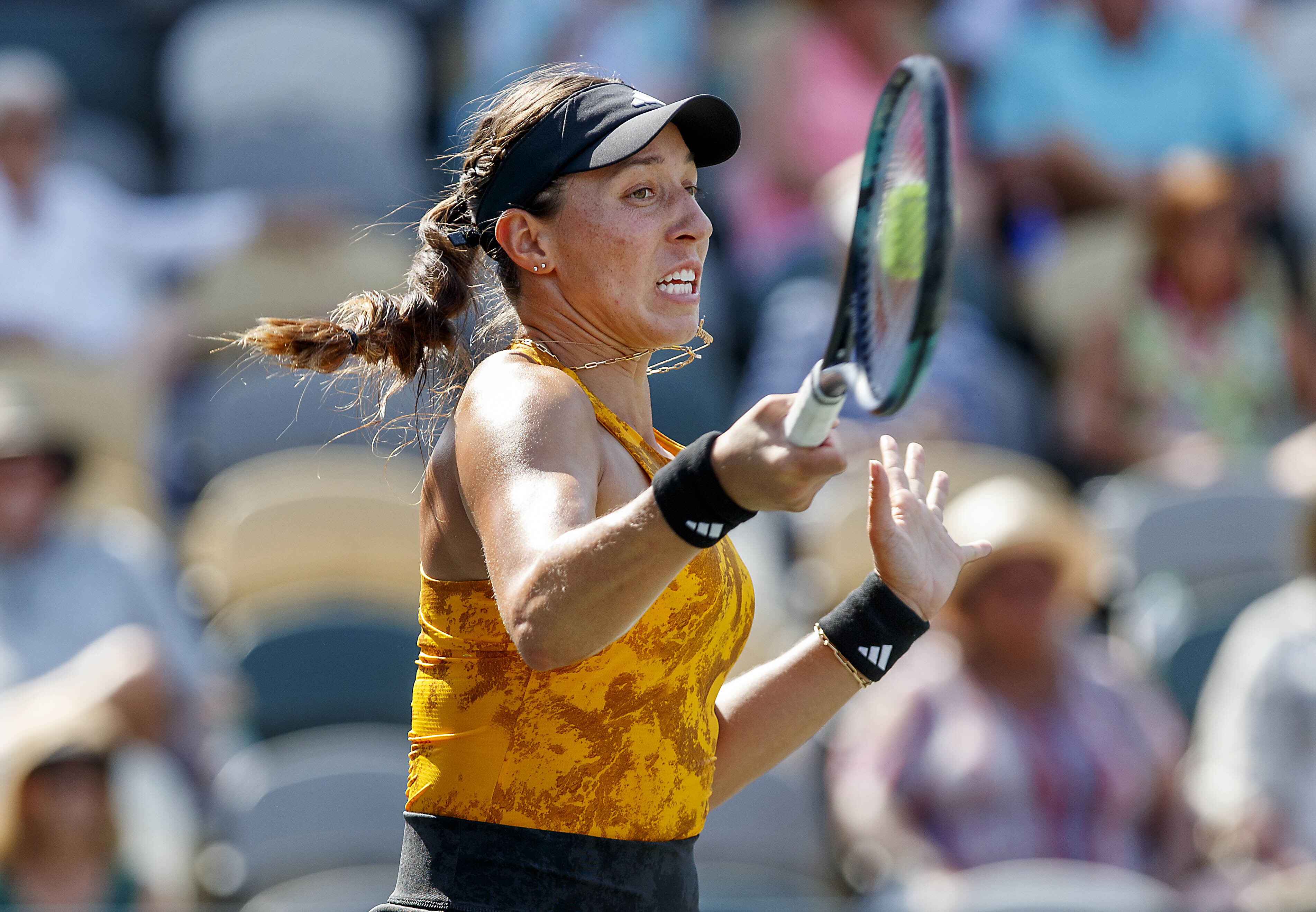 Jessica Pegula hits a return to Anna Blinkova during the Charleston Open tennis tournament Wednesday in Charleston, S.C. (AP)