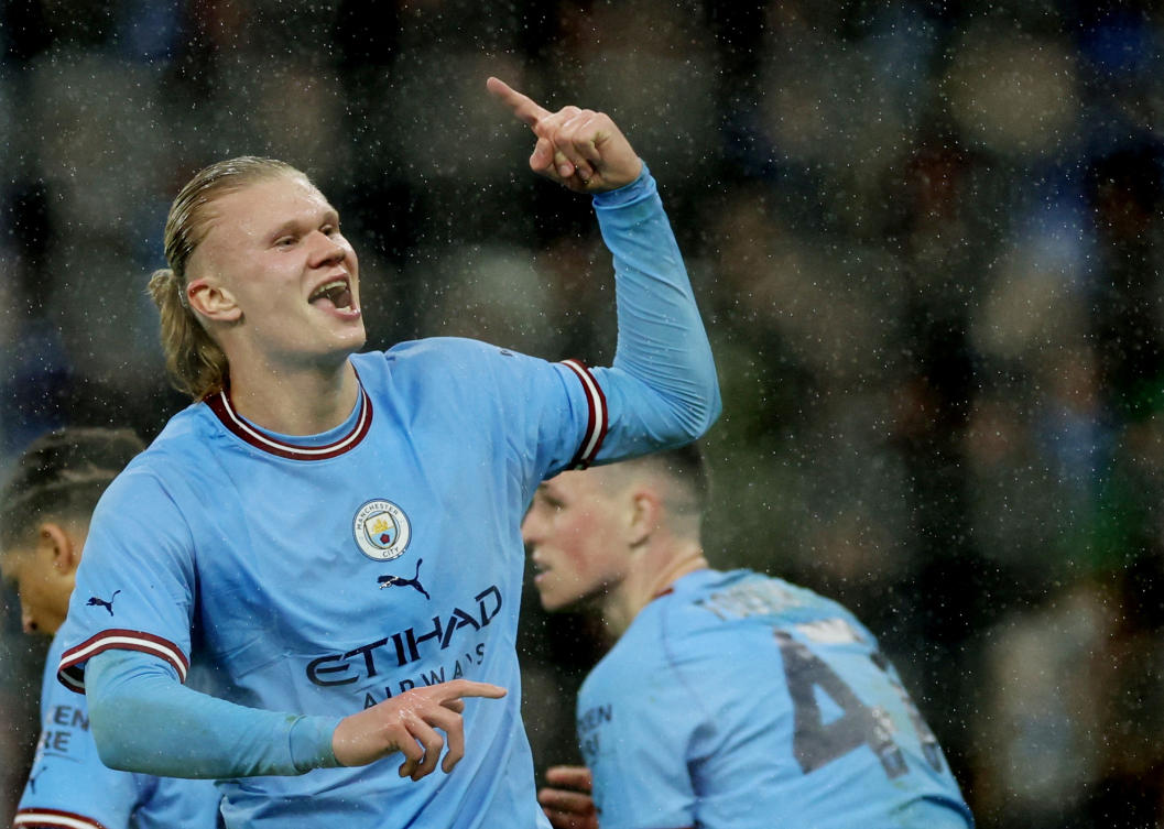 Manchester City’s Erling Braut Haaland celebrates scoring their second goal during their FA Cup quarter-final match against Burnley at the Etihad Stadium, Manchester, on Mar. 18, 2023. (Reuters)