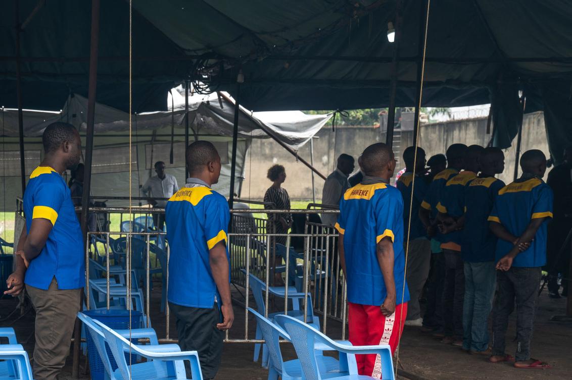 Defendants stand during the sentencing for the killing of Italian Ambassador Luca Attanasio in 2021, at the military prison of Ndolo, Kinshasa, on Apr. 7, 2023. (AFP)