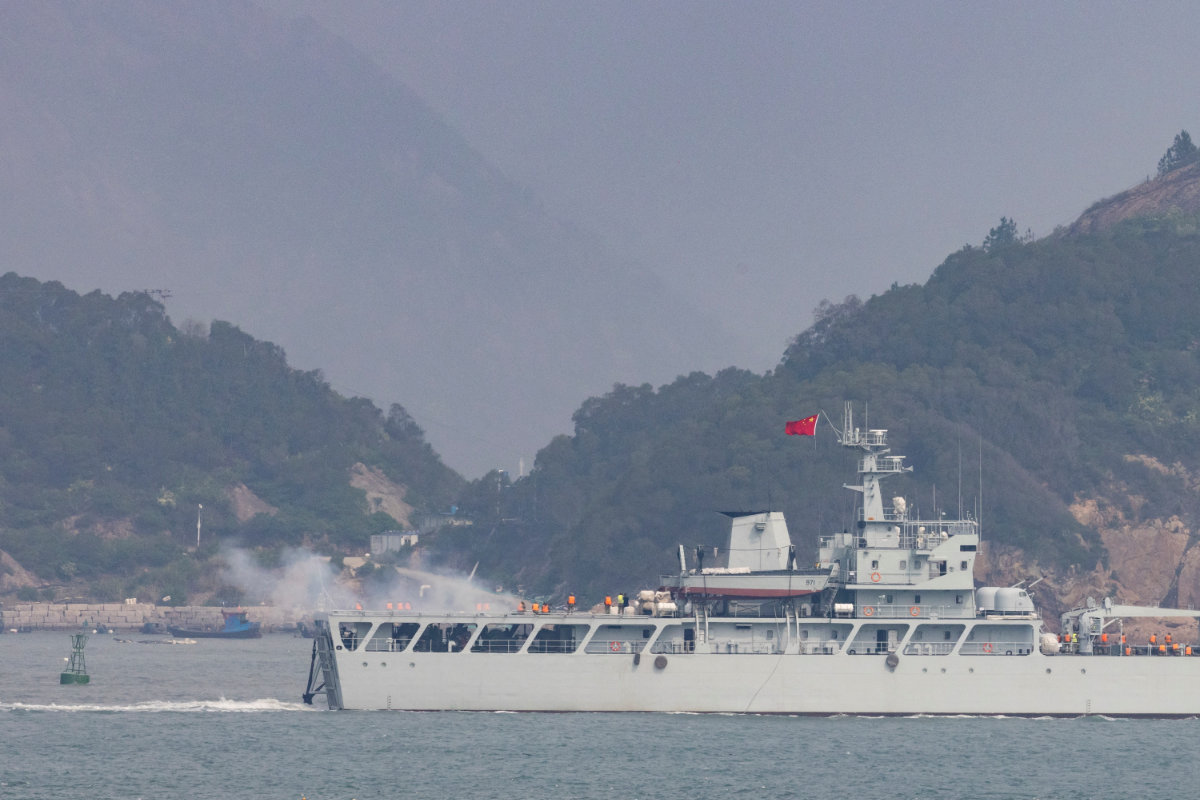 A Chinese warship fires towards the shore during a military drill near Fuzhou near the Taiwan controlled Matsu Islands that are close to the Chinese coast on April 8, 2023. (REUTERS)