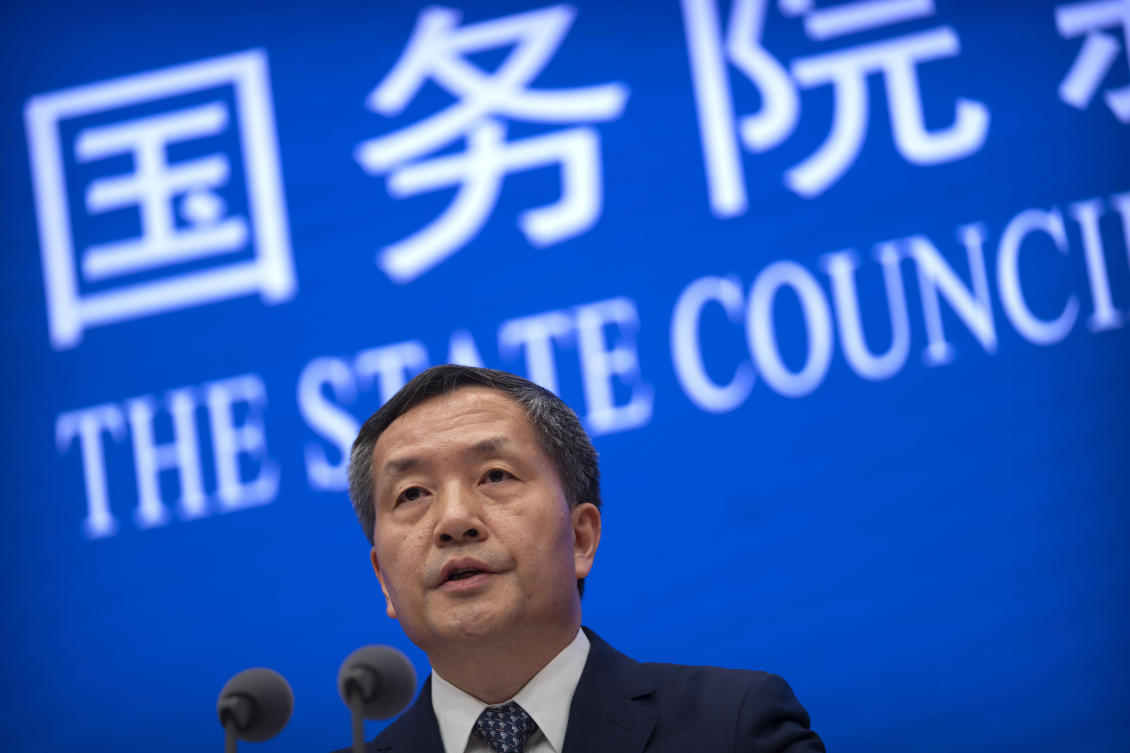 Shen Hongbing, the director of the Chinese Center for Disease Control and Prevention, speaks at a press conference on the origins of COVID-19 at the State Council Information Office in Beijing, on Apr. 8, 2023. (AP)