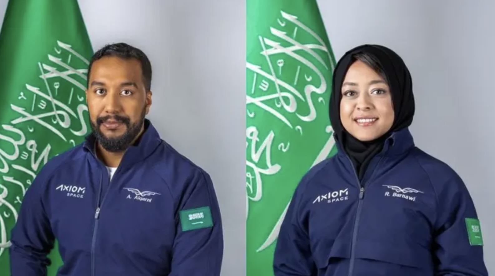 Ali Al-Qarni and Rayyanah Barnawi, members of the inaugural Saudi national astronaut program, will be part of a four-person Axiom-2 mission crew to blast off from the Kennedy Space Centre in Florida. (Supplied: Axiom)