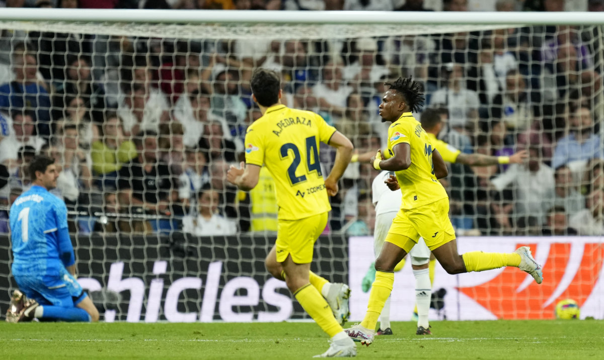 Villarreal's Samuel Chukwueze, right, after scoring his side's third goal during a Spanish La Liga soccer match between Real Madrid and Villarreal at the Santiago Bernabeu stadium in Madrid Saturday. (AP)