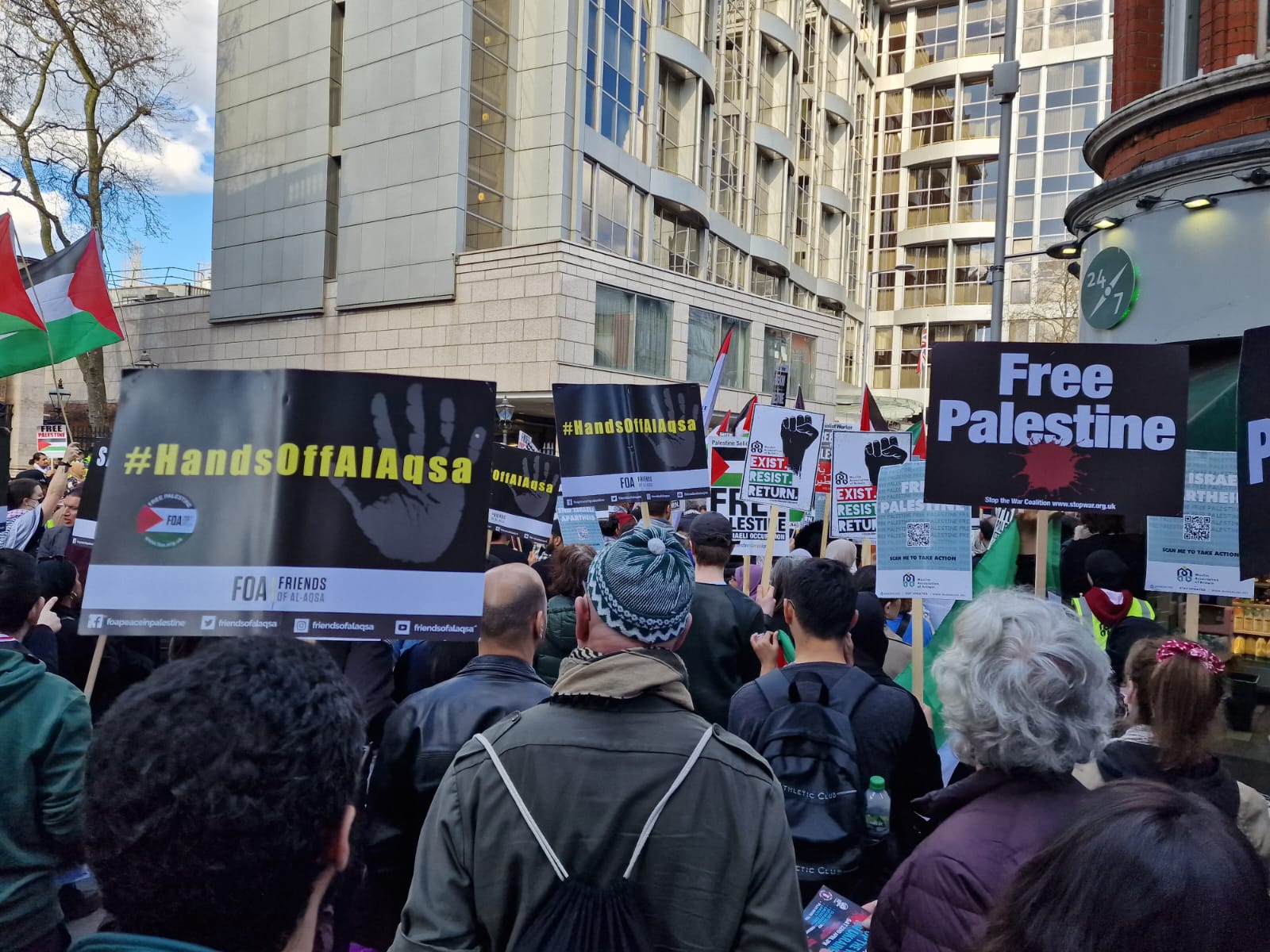 The protest was organized by FOA, in coordination with Stop the War Coalition, Palestine Solidarity Campaign, Muslim Association of Britain, Campaign for Nuclear Disarmament and Palestinian Forum in Britain. (Supplied)