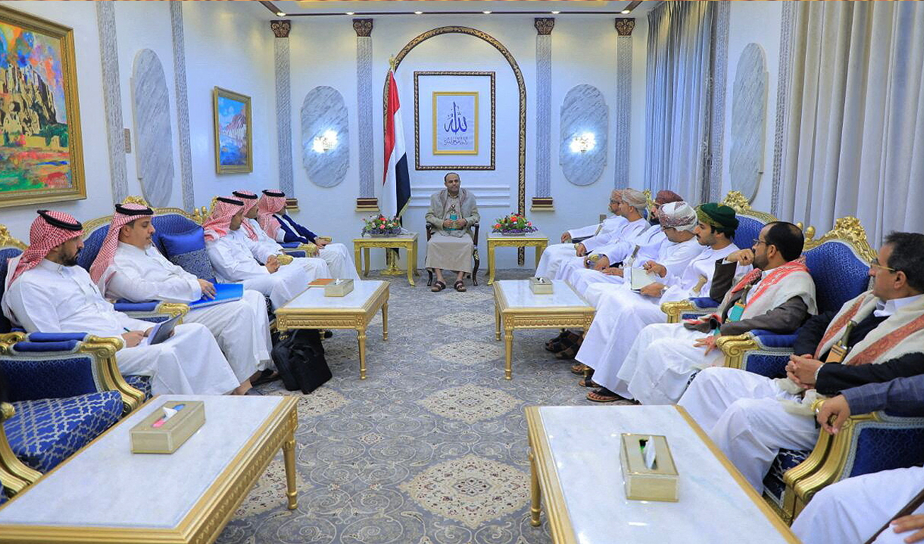 Head of the Houthi Supreme Political Council, Mahdi al-Mashat, meets with Saudi and Omani delegations at the Republican Palace in Sanaa, Yemen April 9, 2023. (Photo courtesy: Saba News Agency via REUTERS)