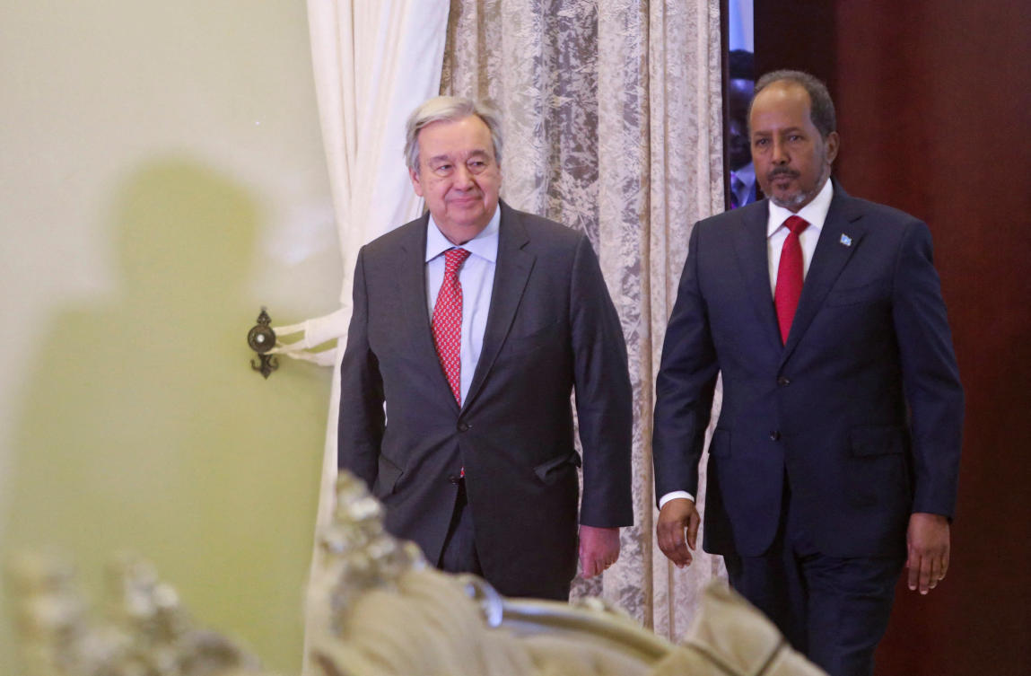UN Secretary-General Antonio Guterres and Somali President Hassan Sheikh Mohamud arrive for a joint news conference at the Presidential palace in Mogadishu, Somalia April 11, 2023. (Reuters)