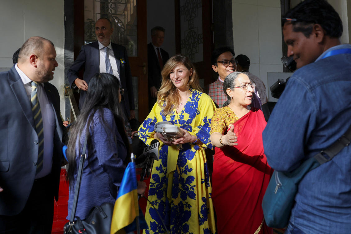 Ukraine’s Deputy Foreign Minister Emine Dzhaparova and Vijay Thakur Singh, Director-General of ICWA, attend an event titled ‘Russia’s war in Ukraine: Why the world should care’, in New Delhi on Apr. 11, 2023. (Reuters)