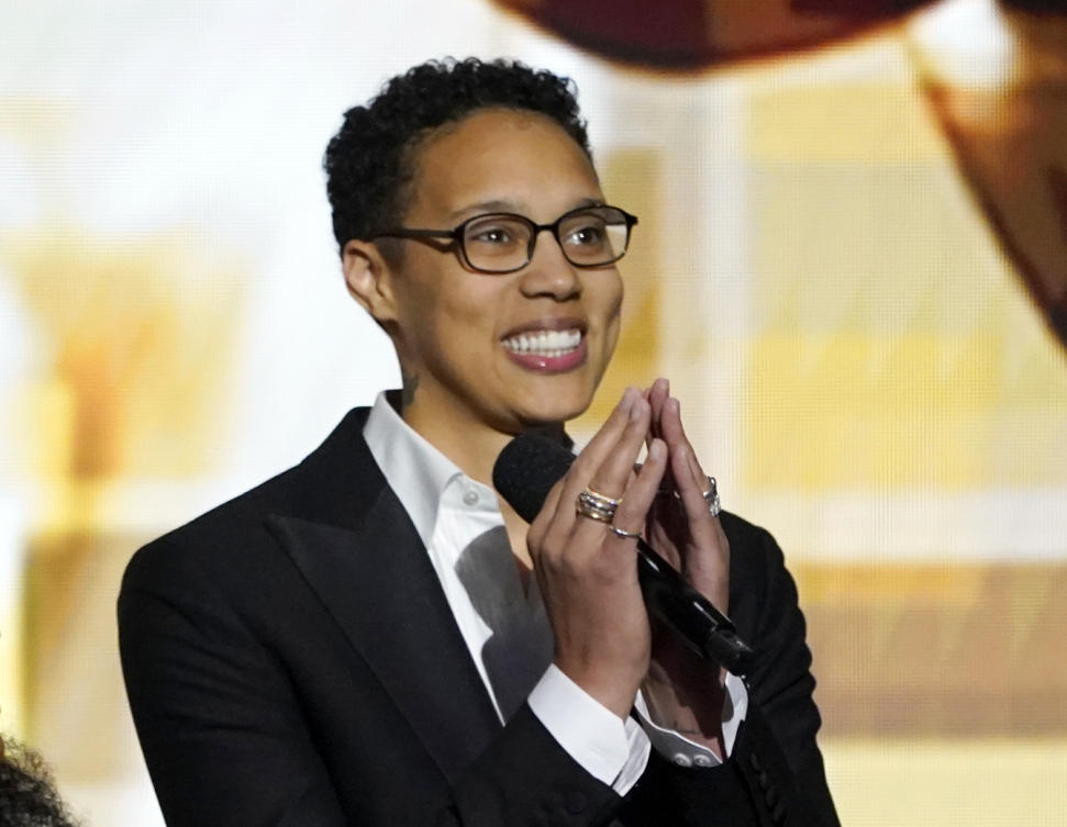 Brittney Griner appears on stage at the 54th NAACP Image Awards in Pasadena, California, on Feb. 25, 2023. Griner is working on a memoir that is scheduled for spring 2024. (AP/File)