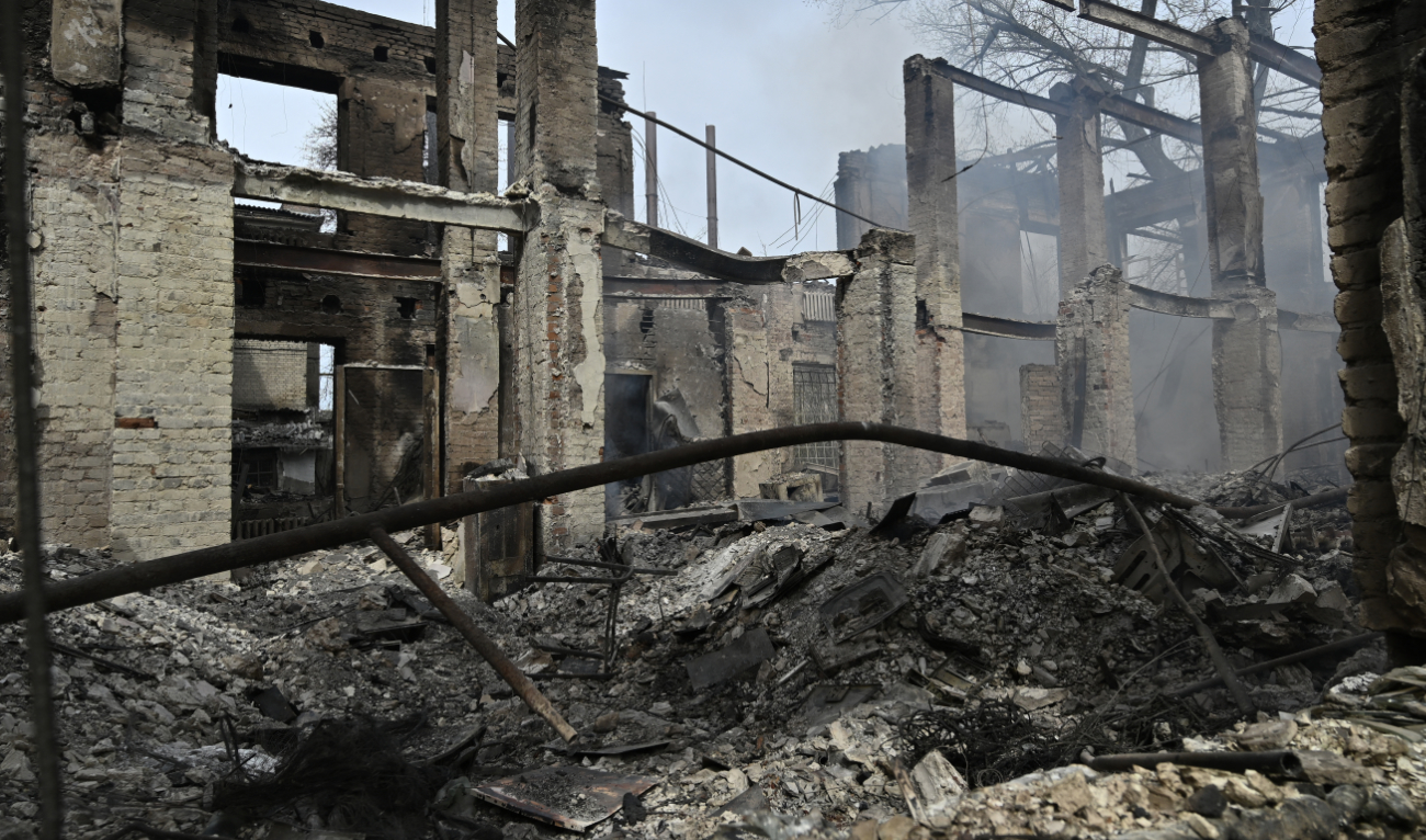 An office building is burned to the ground and destroyed following a shelling in the town of Chasiv Yar, Donetsk region, on April 11, 2023. (AFP)