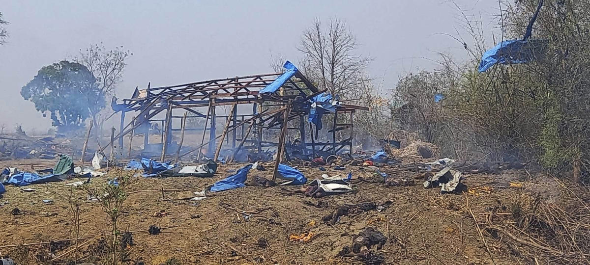 Above, the aftermath of an airstrike in Pazigyi village in Sagaing Region’s Kanbalu Township in Myanmar on April 11, 2023. (Kyunhla Activists Group via AP)