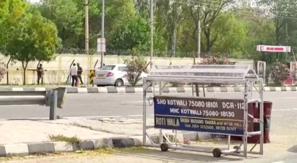Barricades are set up outside Bathinda Military Station following a ‘firing incident’ on April 12, 2023 in this screengrab taken from a handout video. (ANI handout via Reuters)