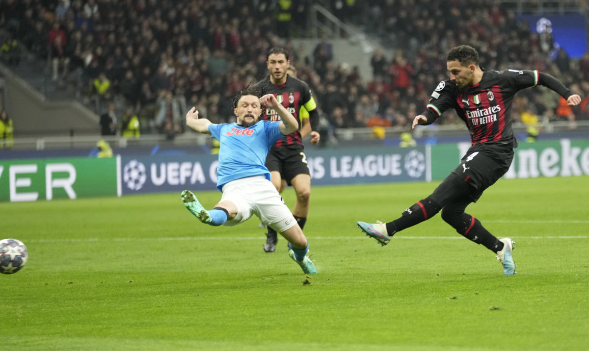 AC Milan's Ismael Bennacer scores his side's goal during the Champions League quarterfinal first leg match against Napoli at the San Siro stadium in Milan Wednesday. (AP)