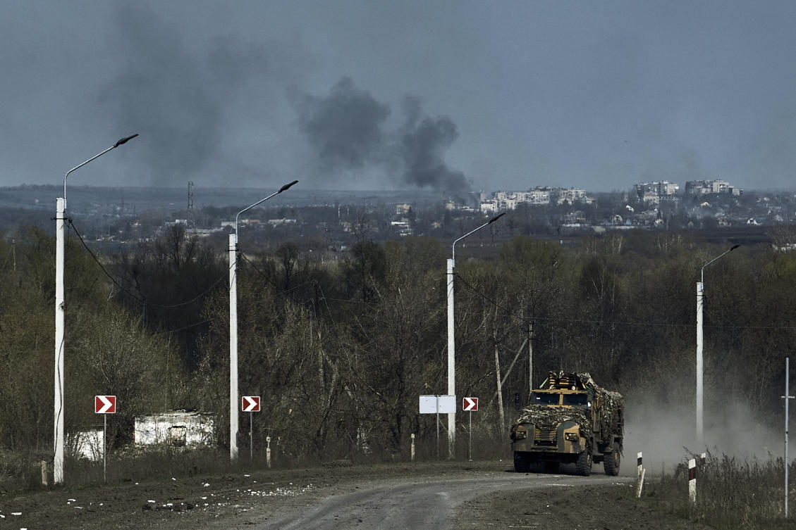 A Ukrainian APC seen on the road on the frontline in Bakhmut, Donetsk region, Ukraine, on Apr. 9, 2023. (AP)