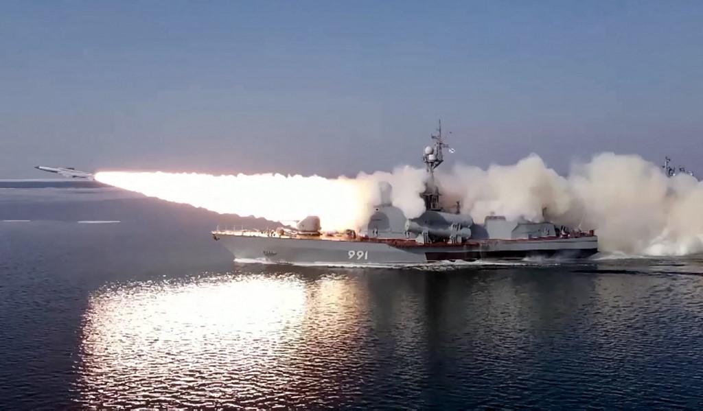 Above, a missile boat of the Pacific Fleet fires a Moskit cruise missile at a mock enemy sea target in the Sea of Japan during military exercises last month. (Russian Defense Ministry/AFP)