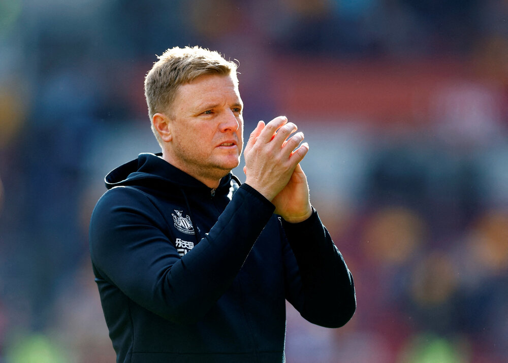 Newcastle United manager Eddie Howe celebrates after their Premier League match against Brentford at Brentford Community Stadium, London on Apr. 8, 2023. (Reuters)