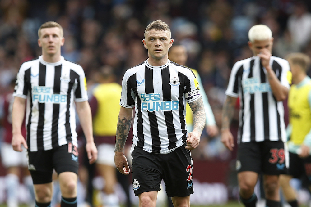 Newcastle United’s Kieran Trippier looks dejected after the match with Aston Villa at Villa Park, which saw the Geordies lose 3-0 in the race for Champions League football. (Reuters via Action Images)