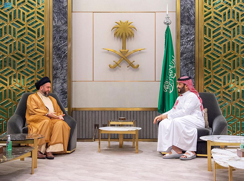 Saudi Arabia’s Crown Prince Mohammed bin Salman and head of Iraqi National Wisdom Movement Ammar Al-Hakim reviewed relations in Jeddah. (SPA)