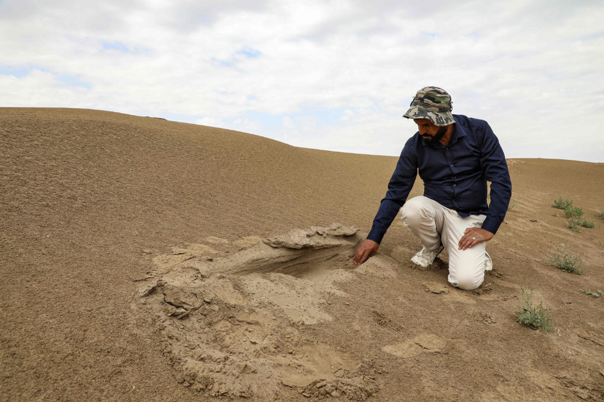 In this picture taken on March 31, 2023, Archaeologist Aqeel Mansarawi searches for the remains of an ancient structure at the Umm al-Aqarib archaeological site in the district of al-Rifai in Iraq's southern Dhi Qar province. (Asaad Niazi/AFP)