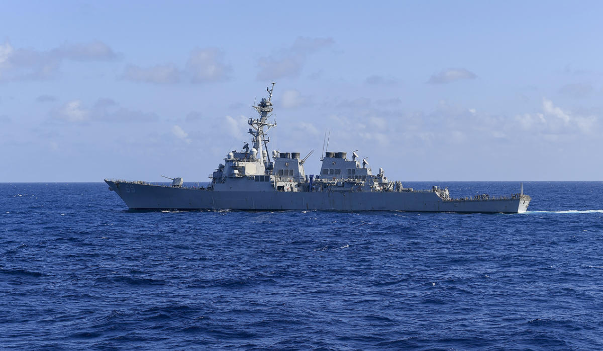 This handout photo from the US Navy taken on November 20, 2021 shows the US Navy's Arleigh Burke-class guided-missile destroyer USS Milius (DDG 69) sailing in the South China Sea. (AFP)