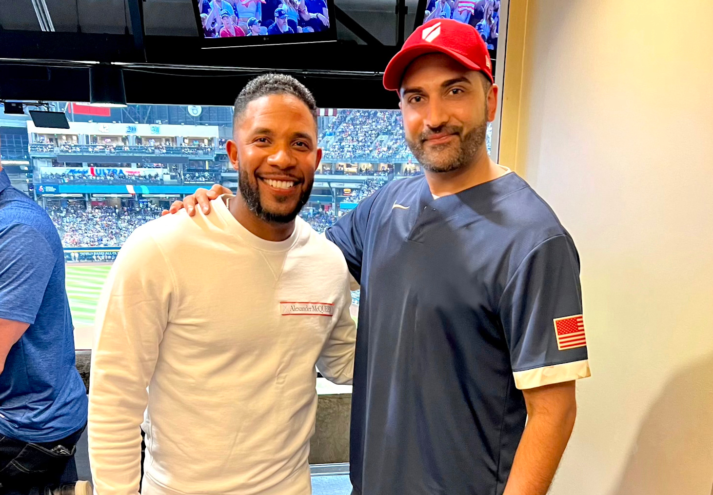 MLB All-Star Elvis Andrus (left) with Baseball United CEO and Co-Owner Kash Shaikh. (Supplied)