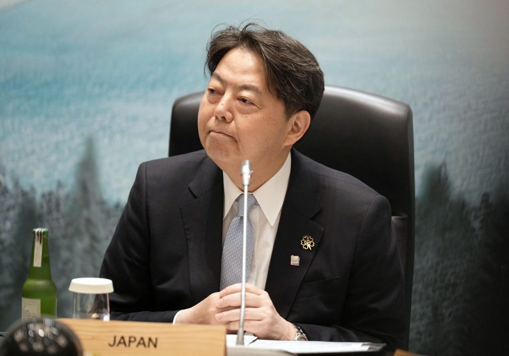 Japan’s Foreign Minister Yoshimasa Hayashi delivers an address at the start of the first working session of a G7 foreign ministers’ meeting in Karuizawa, April 17, 2023. (AFP)