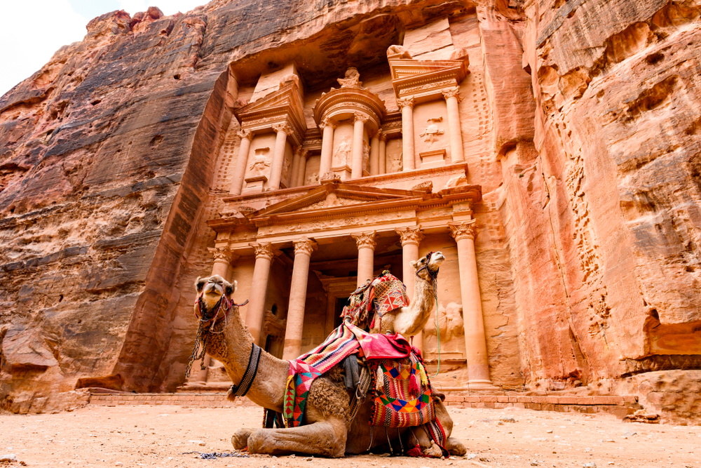 Camels in front of Al Khazneh (The Treasury) at Petra, a historical and archaeological city in southern Jordan (Shutterstock)