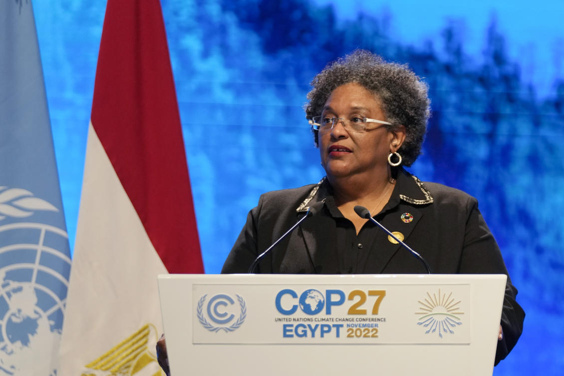 Mia Mottley, prime minister of Barbados, speaks at the COP27 UN Climate Summit in Sharm el-Sheikh, Egypt. (File/AP)