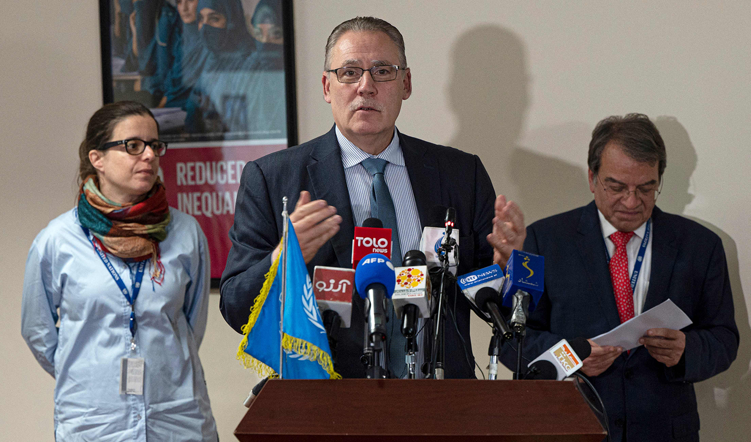 The United Nations Development Programme (UNDP) resident representative in Afghanistan, Abdallah Al Dardari (C) addresses a press conference in Kabul on April 18, 2023. (AFP)
