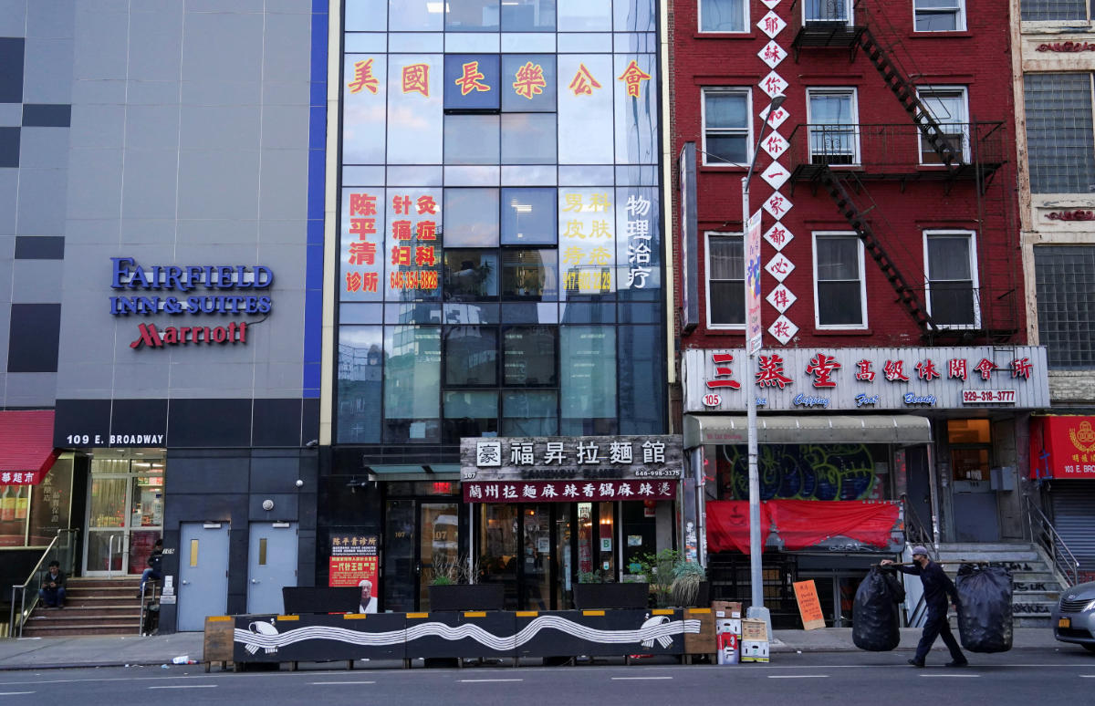 The former office of the America ChangLe Association, described by U.S. authorities as a Chinese 'secret police station' masquerading as a social gathering place for people from China's Fujian province, on the fourth floor of the Royal East Plaza building at 107 East Broadway in the Chinatown neighborhood of New York City, U.S., April 17, 2023. (REUTERS)