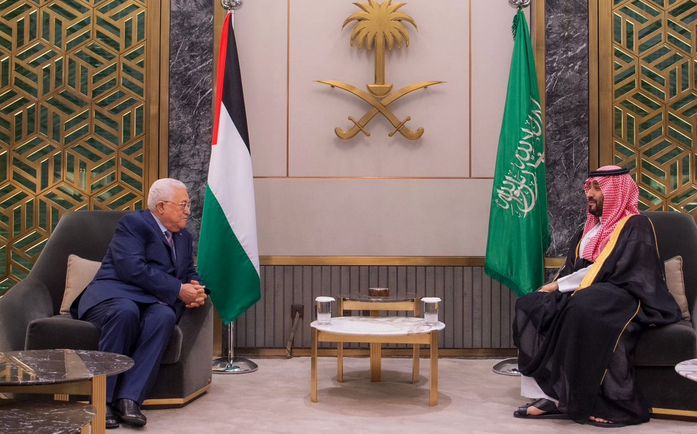 Crown Prince Mohammed bin Salman meets with Palestinian President Mahmoud Abbas in Jeddah. (Supplied)