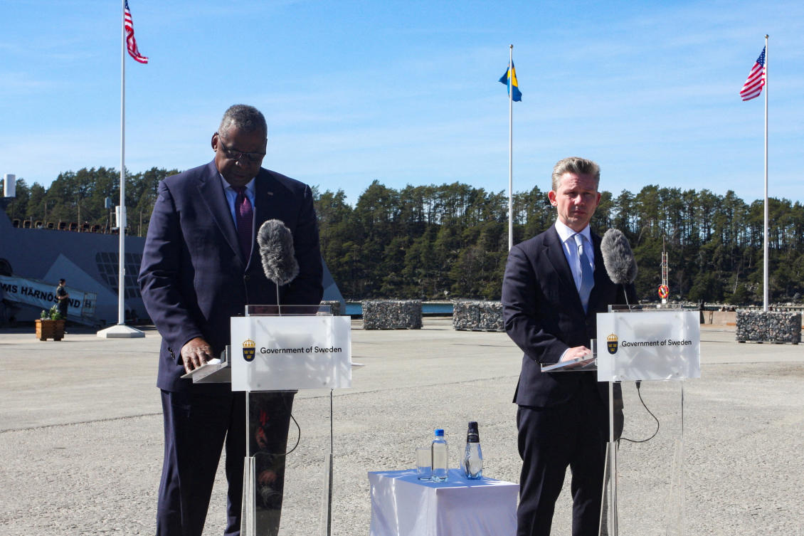 US Defense Secretary Lloyd Austin attends a news conference with Sweden’s Defense Minister Pal Jonson at the Musko naval base around 70 kilometers south of the capital, Stockholm, on Apr. 19, 2023. (Reuters)