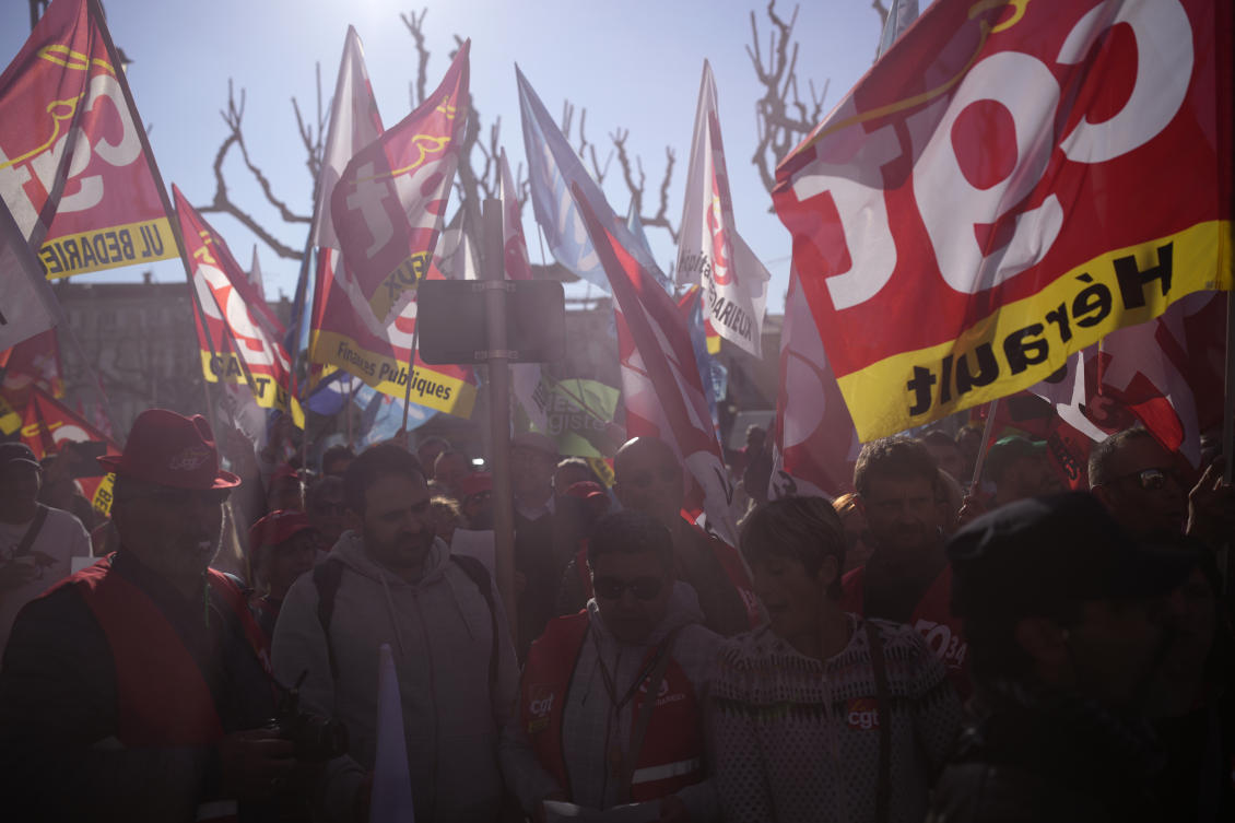 People demonstrate before French President Emmanuel Macron’s visit on Apr. 20, 2023 in Ganges, southern France. (AP)